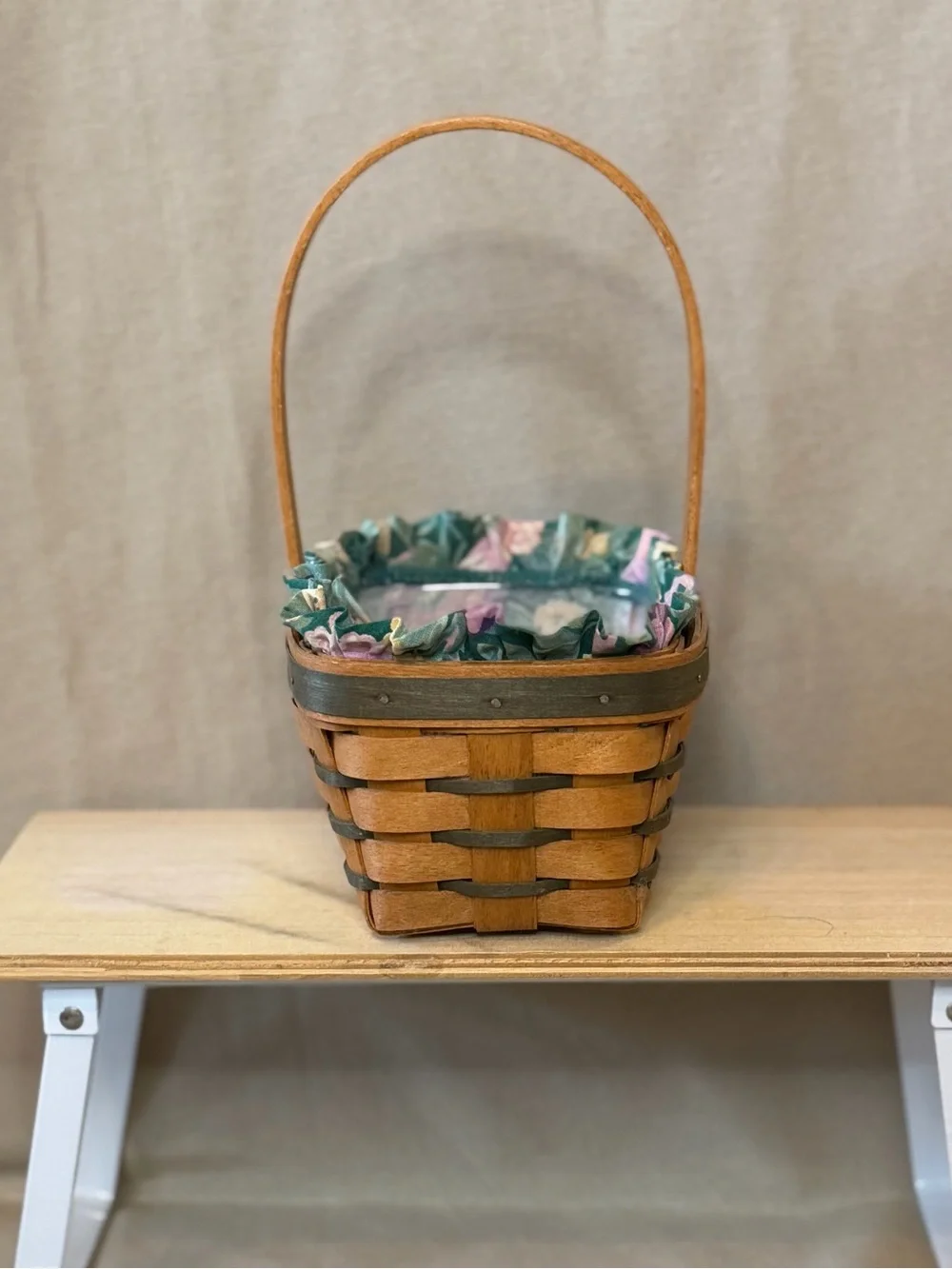 Longaberger Brown Wood Basket with Green Floral Liner